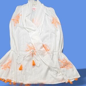 Z&L Europe Tunic Cover Up Women M Ivory Pom Tassel Boho Swim Gauze Resortwear FS